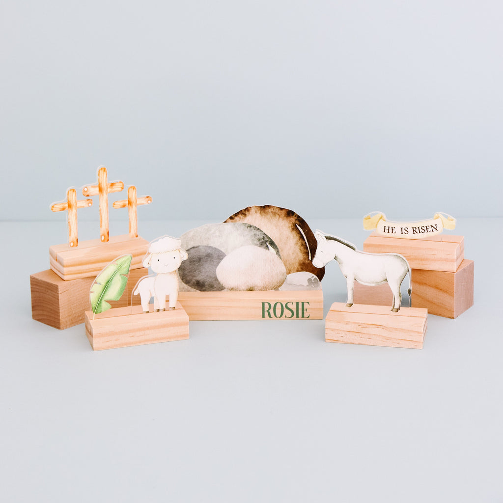 Mini Easter playscape, easter scene setter, Montessori easter basket toy, he is risen