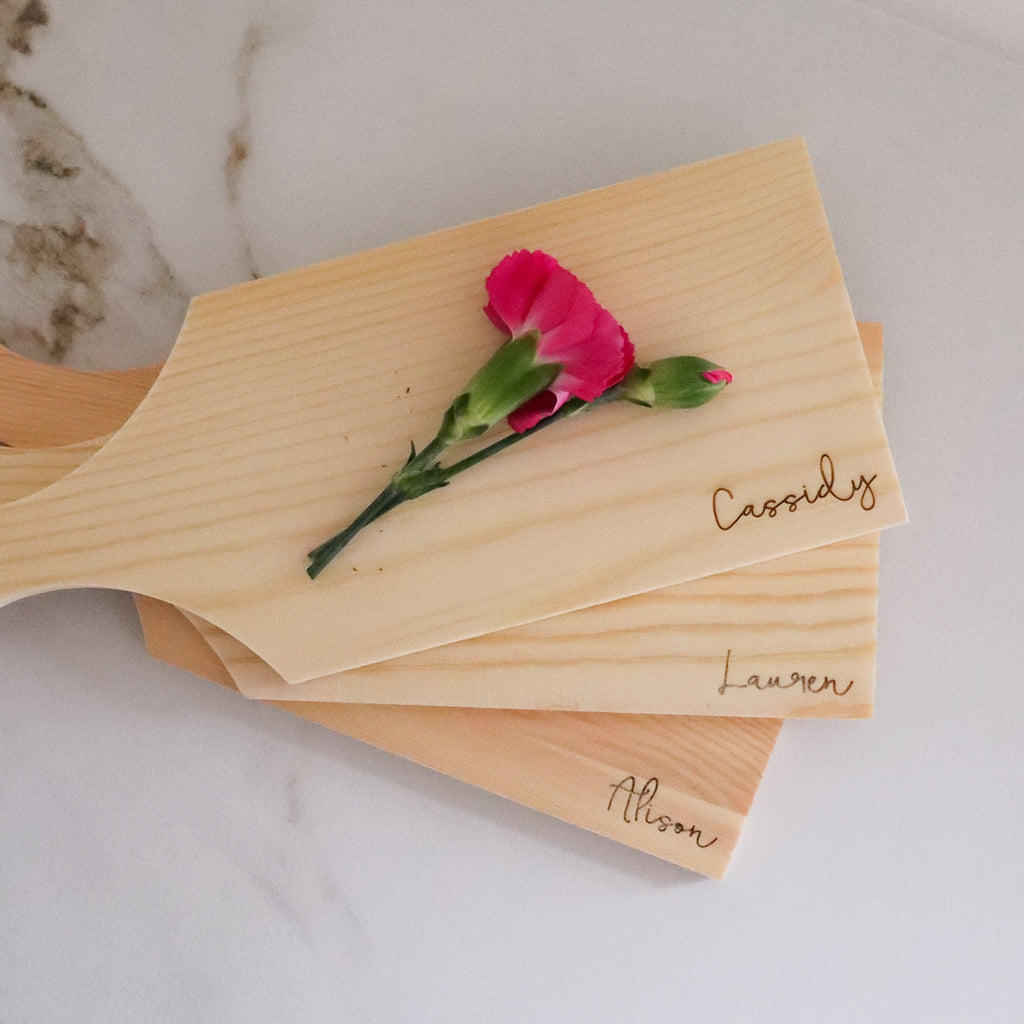 Personalized mini charcuterie boards, personalized wedding place cards, seating chart, wedding favors, personalized charcuterie plank