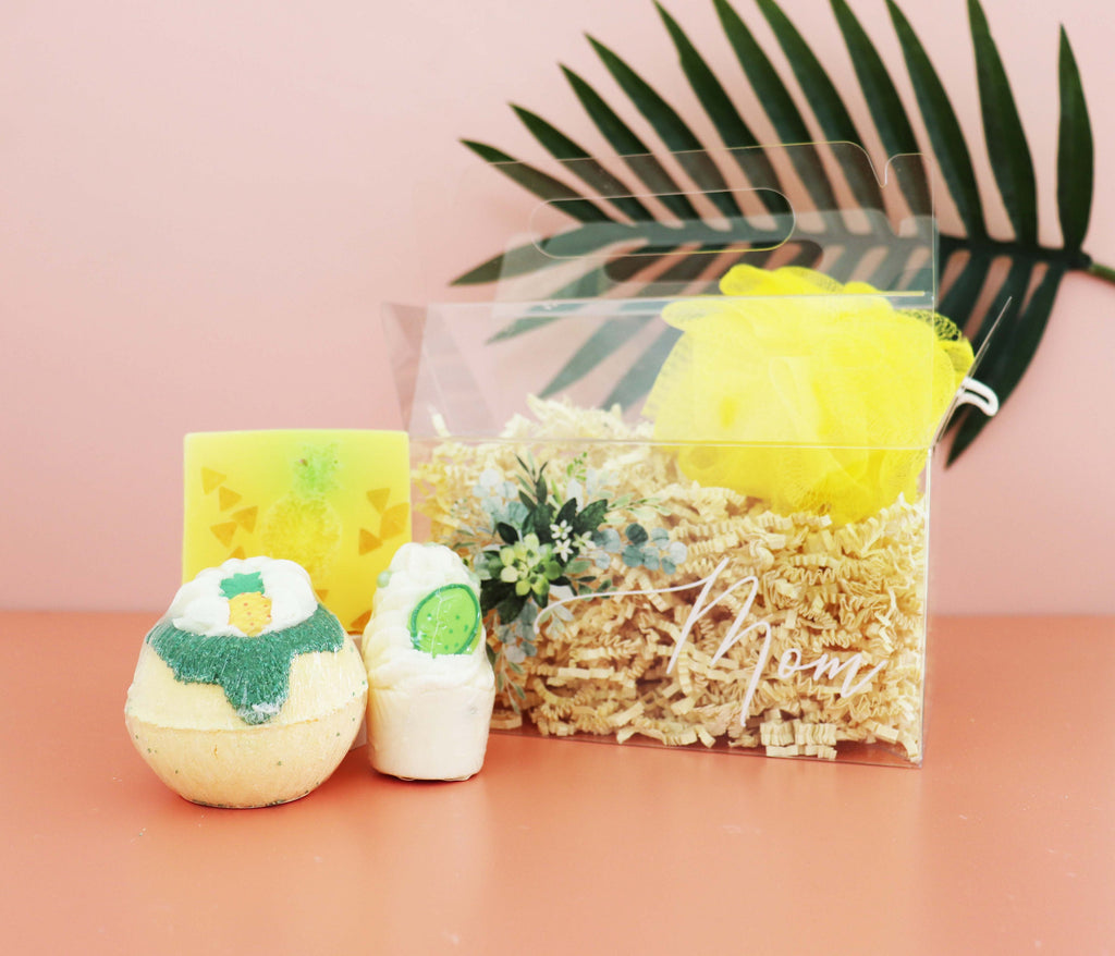 Mother's Day tropical escape bath and spa gift basket for Mom, bath bomb gift basket personalized