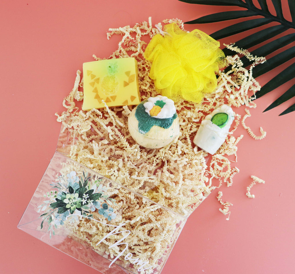 Mother's Day tropical escape bath and spa gift basket for Mom, bath bomb gift basket personalized