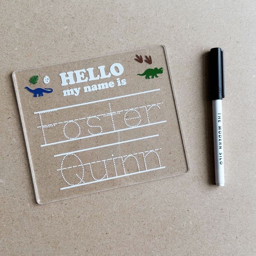 Acrylic dry erase name tracing board, penmanship board, nursery name sign, dinosaur theme