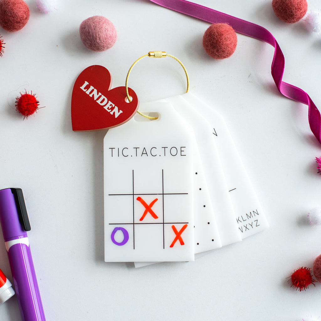 Dry erase travel games with name charm, on the go kids activities, acrylic tic tac toe, classroom Valentine’s Day gifts, Valentine’s Day