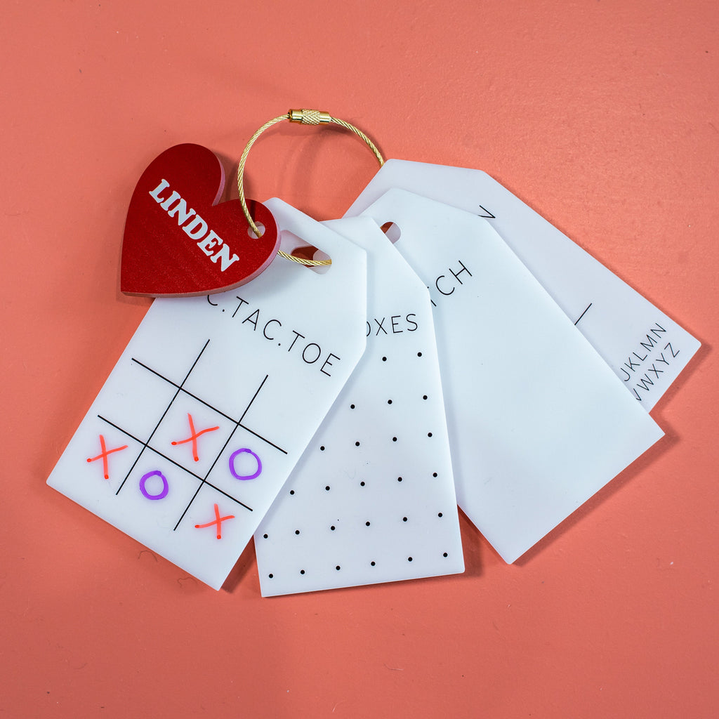 Dry erase travel games with name charm, on the go kids activities, acrylic tic tac toe, classroom Valentine’s Day gifts, Valentine’s Day