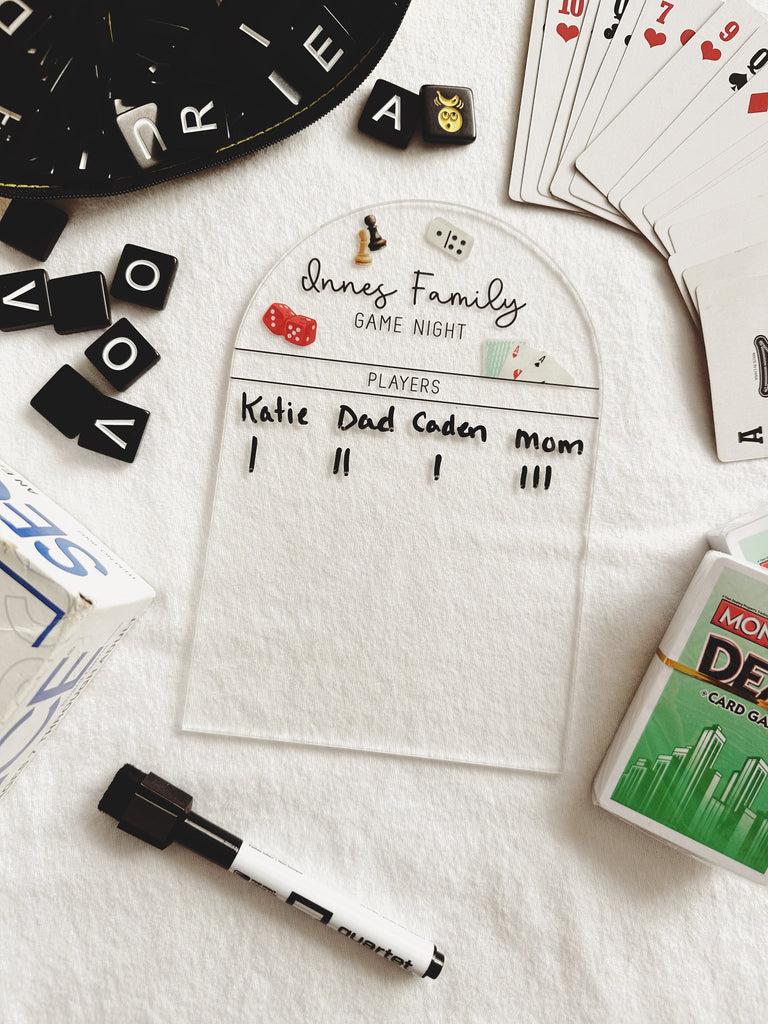 Family game night score tracker, personalized game night score card