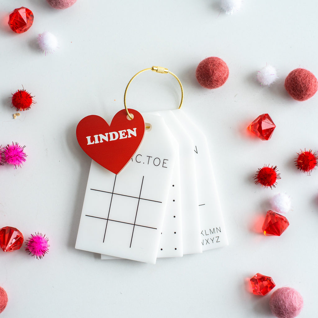 Dry erase travel games with name charm, on the go kids activities, acrylic tic tac toe, classroom Valentine’s Day gifts, Valentine’s Day