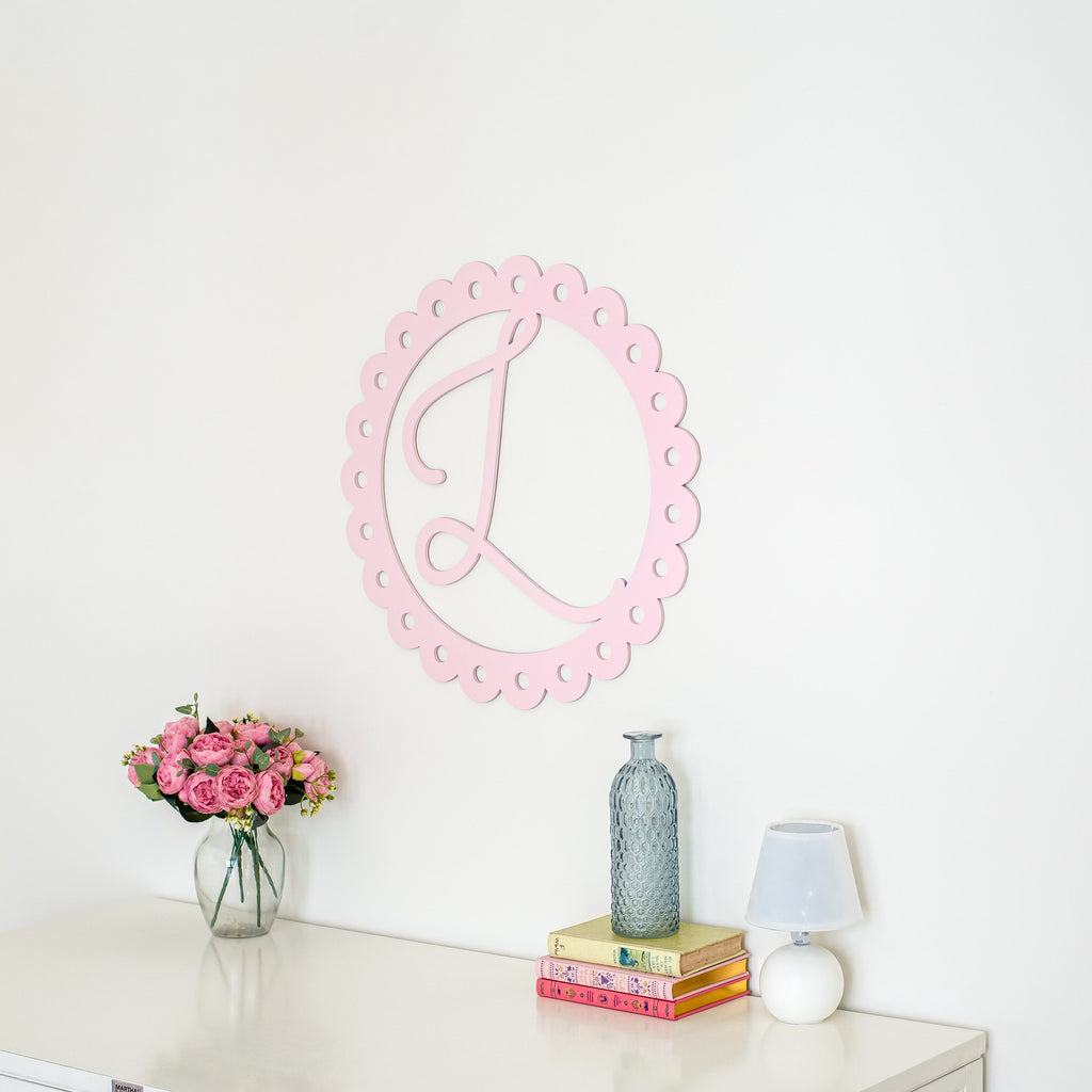 Monogram wall decor, nursery name sign, nursery monogram, kids room decor, scallop decor round