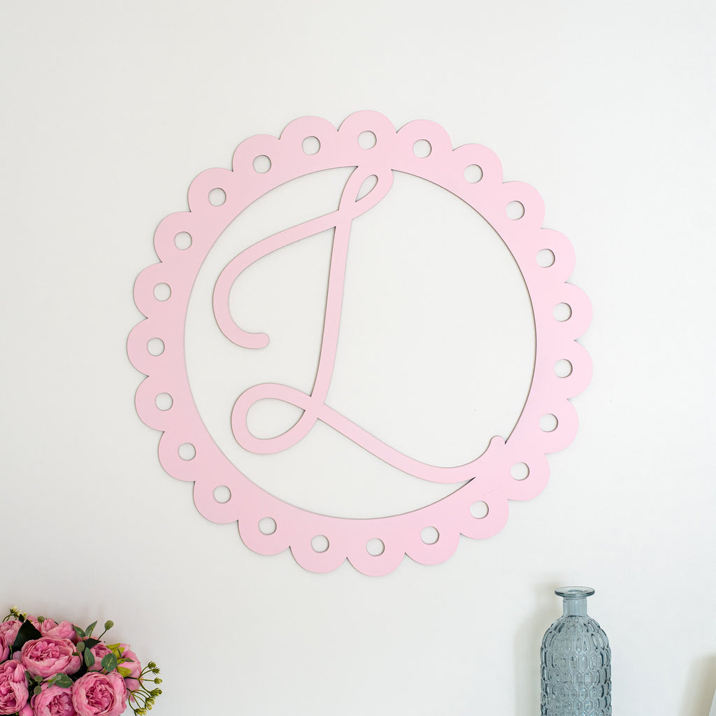 Monogram wall decor, nursery name sign, nursery monogram, kids room decor, scallop decor round